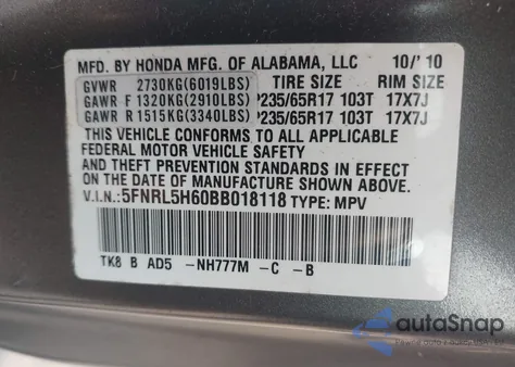 2011 Honda Odyssey Ex-L z USA, uszkodzony, nr VIN 5FNRL5H60BB018118
